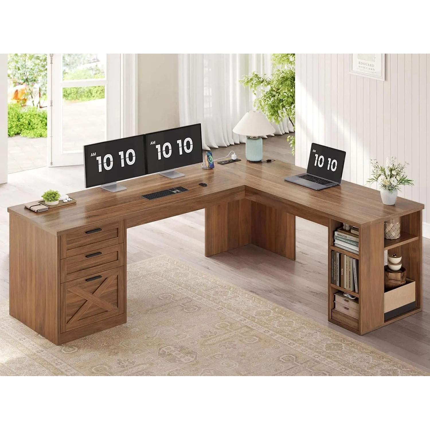 Farmhouse 67" L-Shaped Desk with 3 Drawers & Storage Shelves