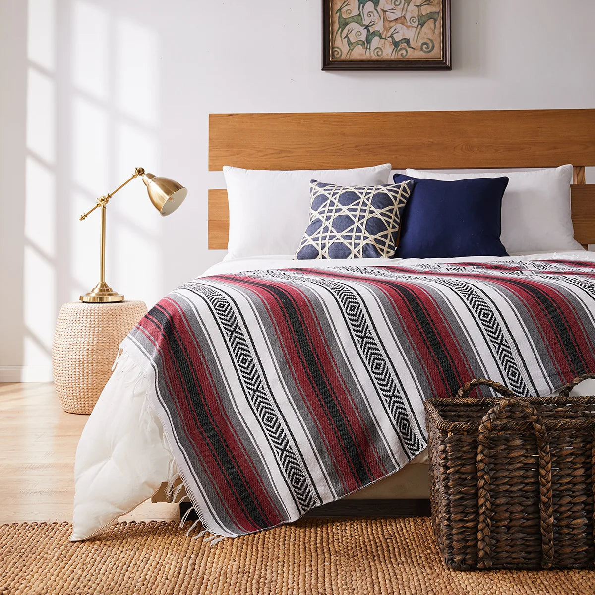 Mexican Handwoven Throw Blanket — Striped Tassel, 130×170cm
