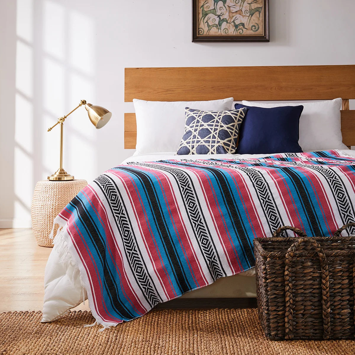 Mexican Handwoven Throw Blanket — Striped Tassel, 130×170cm