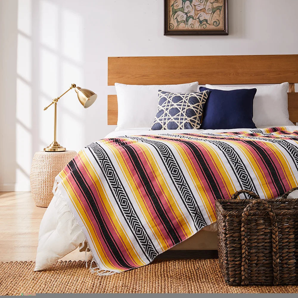 Mexican Handwoven Throw Blanket — Striped Tassel, 130×170cm