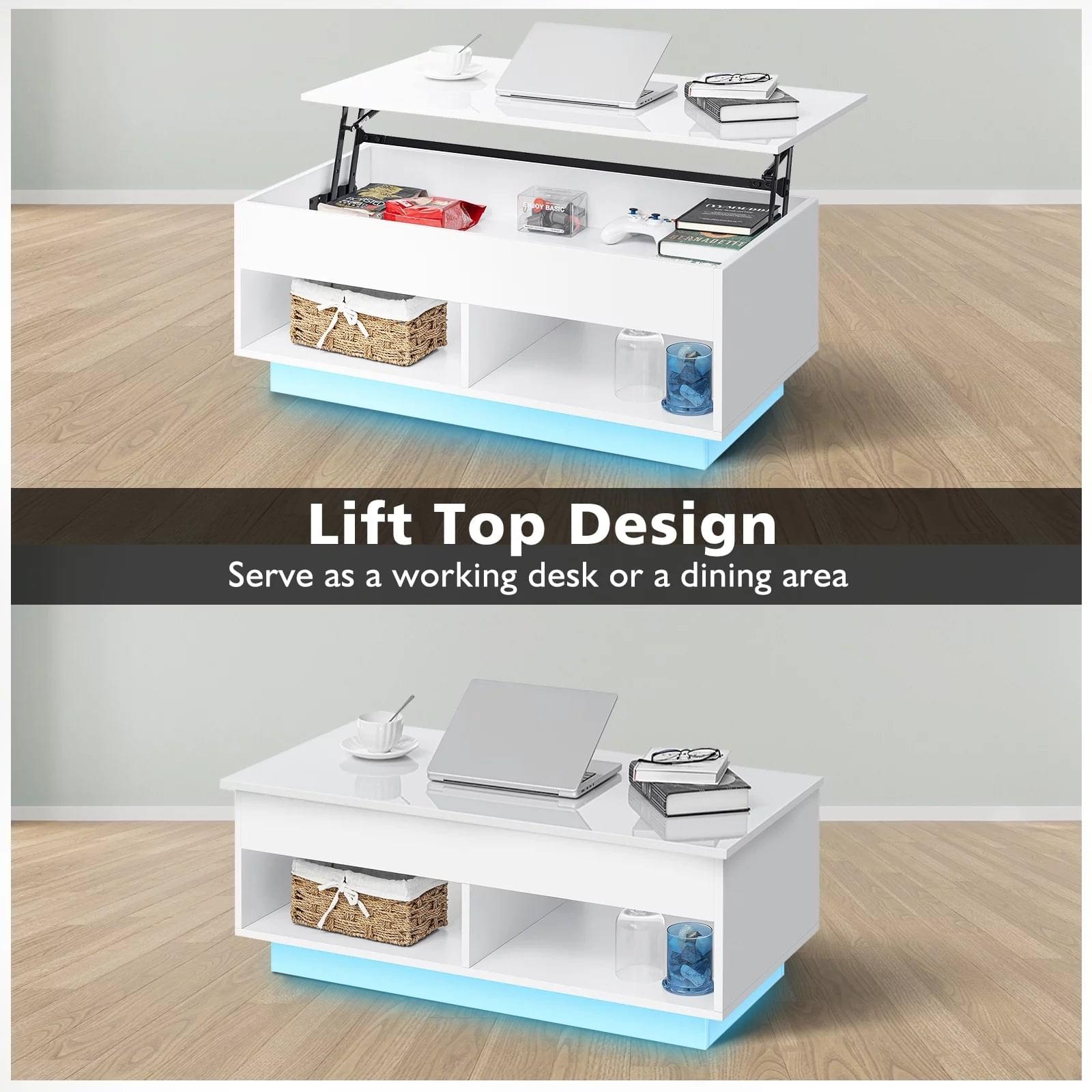 Light Up the Room — LED Lift Top Coffee Table with Hidden Storage in High Gloss White