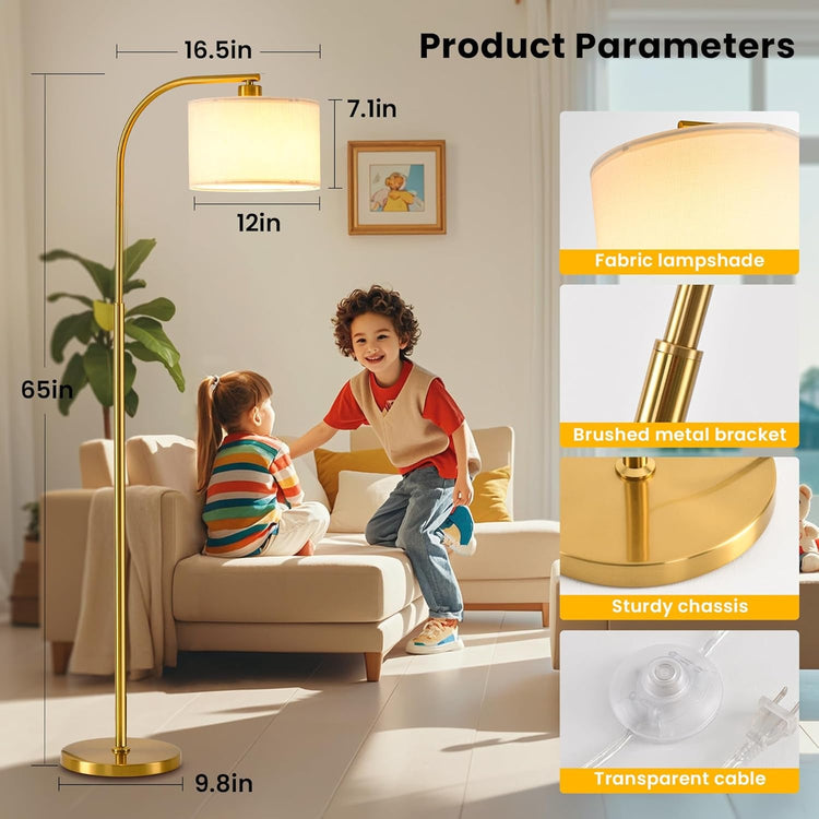 65-Inch Brushed Gold Floor Lamp with Tri-Color LED & Fabric Shade ShipItFurniture