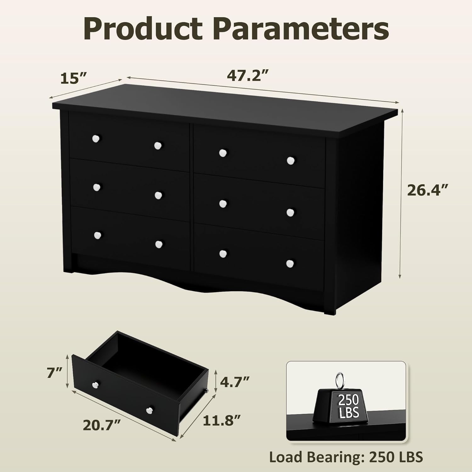 Black 6-Drawer Premium Dresser with Wide Display Top