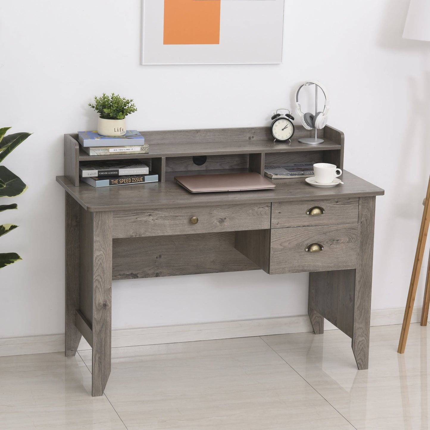 White computer desk with drawer storage hutch shelves and compact work surface