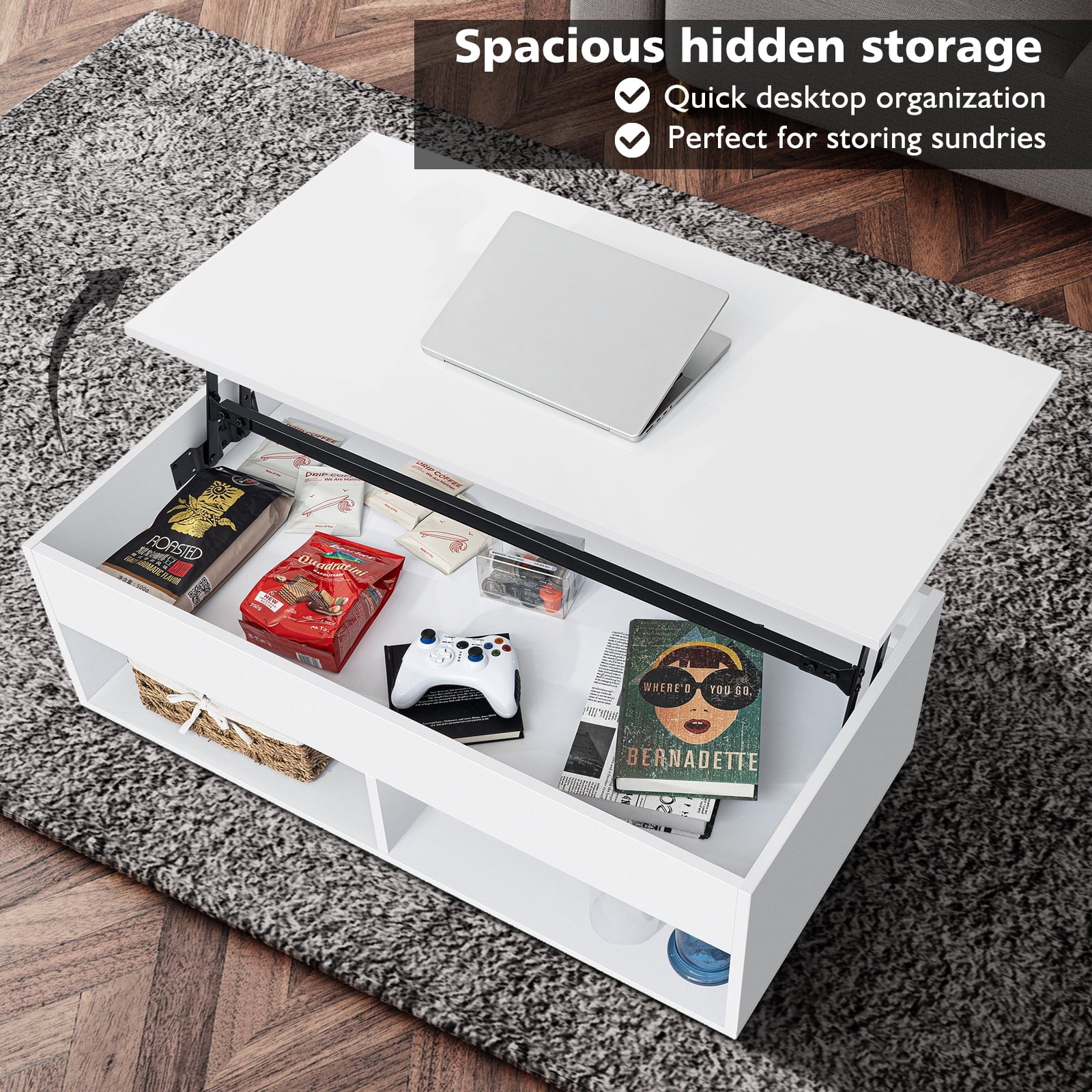 Light Up the Room — LED Lift Top Coffee Table with Hidden Storage in High Gloss White
