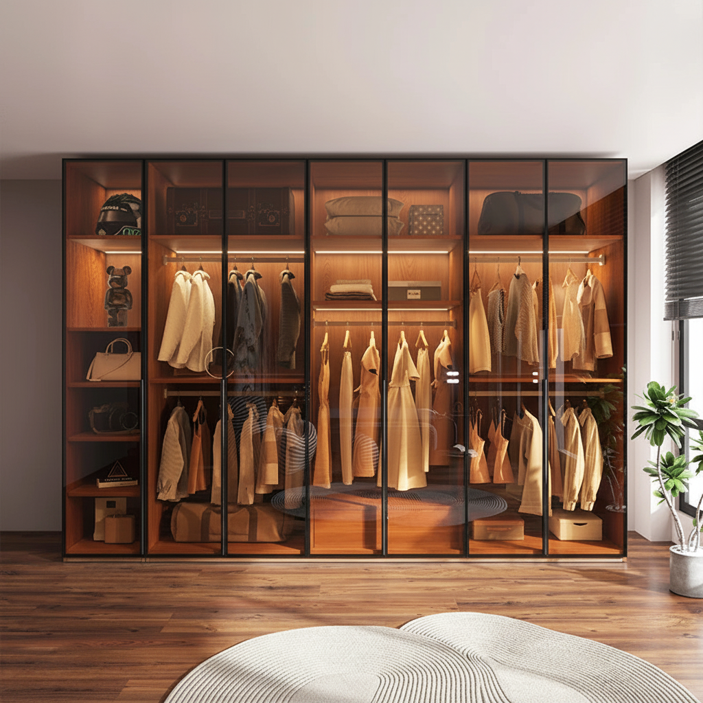 Modern Glass Wardrobe — L-Shaped Corner Closet with Luxury Storage