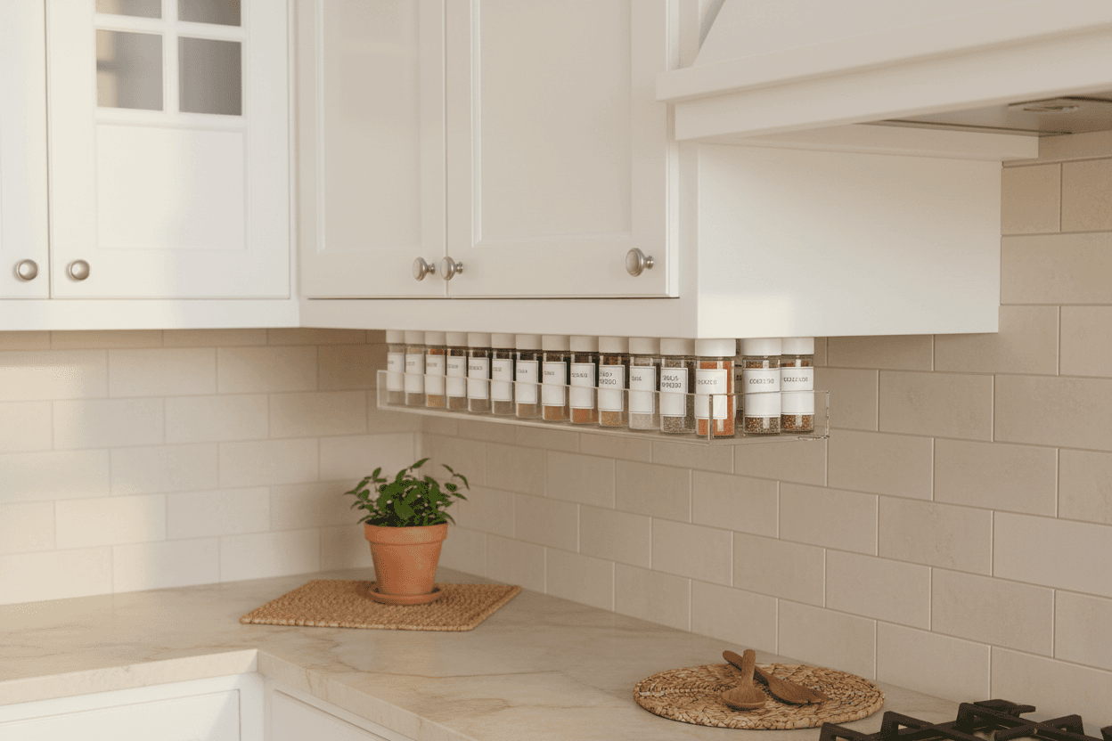 Self-Adhesive Kitchen Spice Rack – Wall-Mounted Under-Shelf Organizer