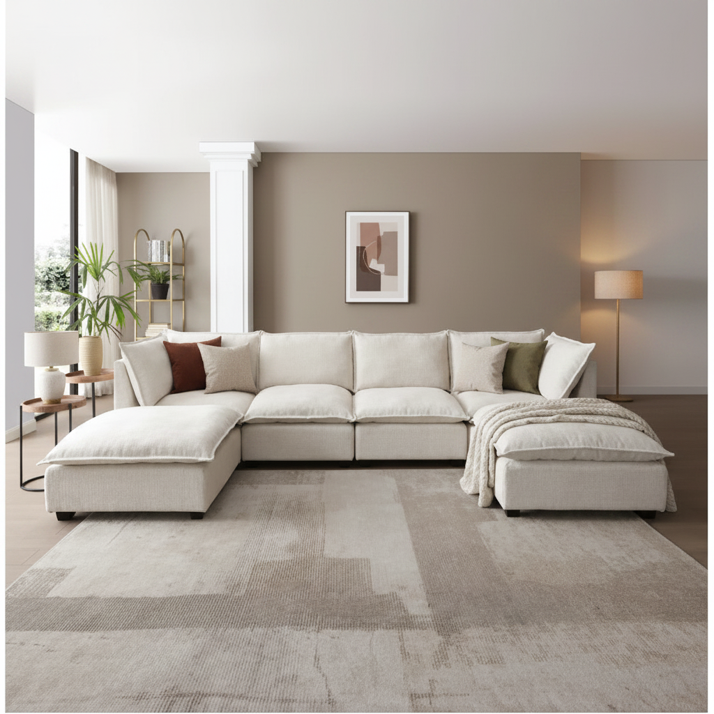 Modular Linen Sectional Sofa with Ottoman