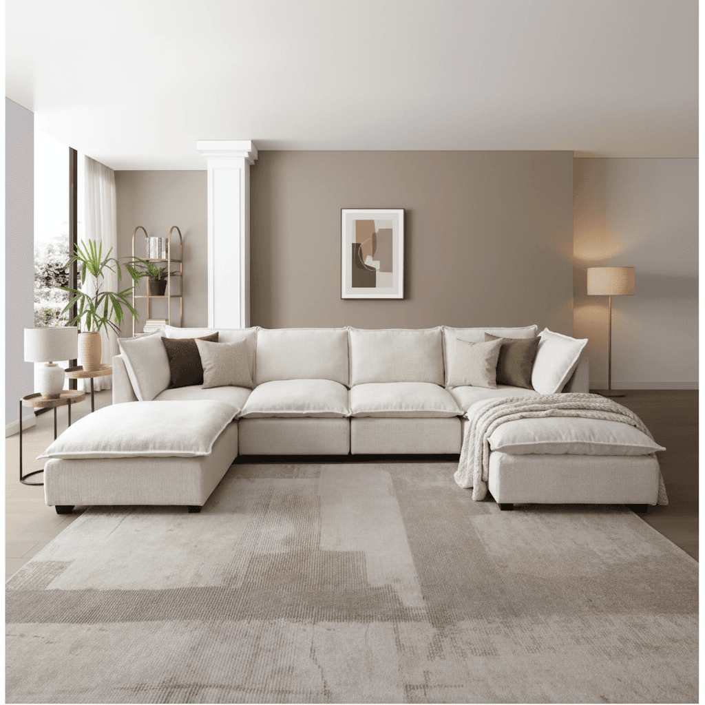 Modular Linen Sectional Sofa with Ottoman