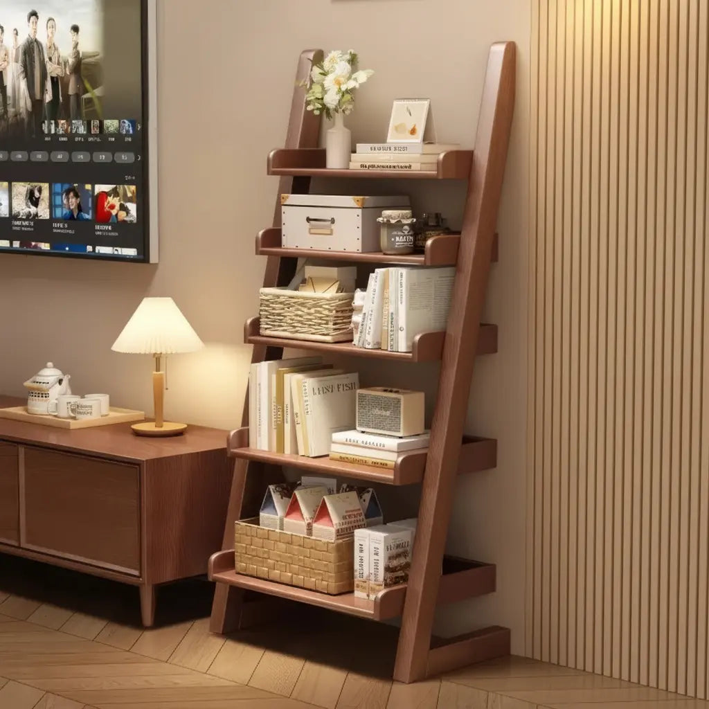 Minimalist Ladder Bookshelf — Warm Living Room