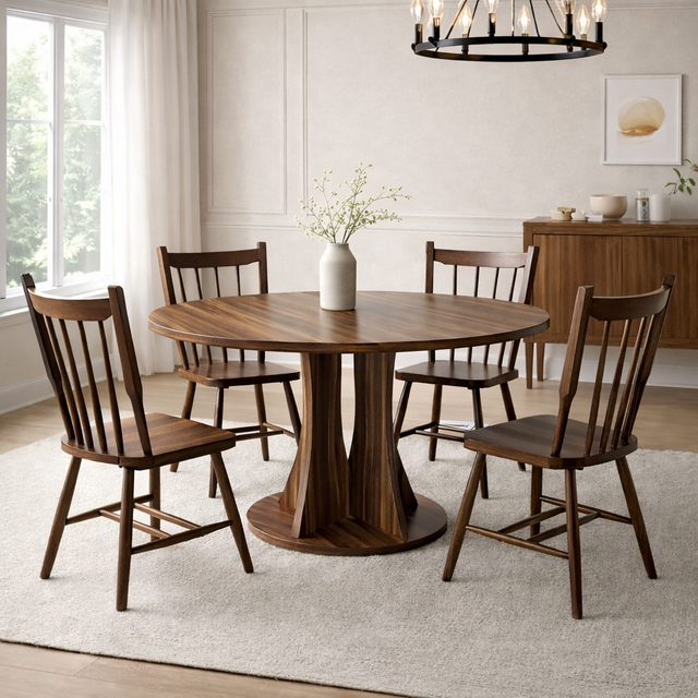 The Windsor Circle — 47" Round Walnut Dining Set with 4 Spindle Back Chairs