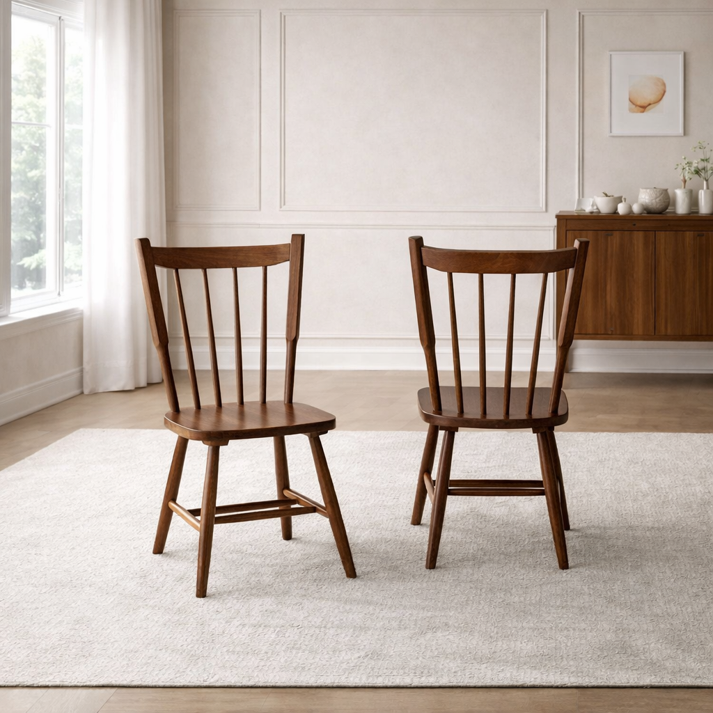 The Windsor Circle — 47" Round Walnut Dining Set with 4 Spindle Back Chairs