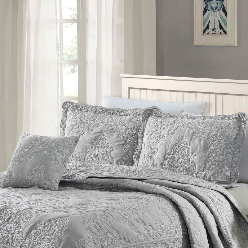 Ash Grey Damask Embroidered Bedspread Set — King, 4 Piece