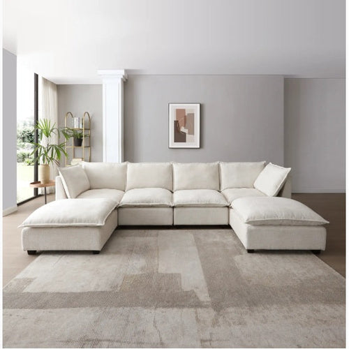 Modular Linen Sectional Sofa with Ottoman