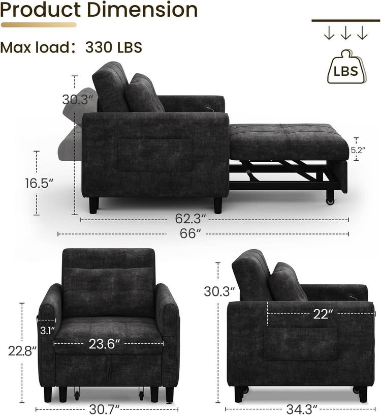Black Upholstered Sleeper Chair Pull Out Bed For Small Rooms-1