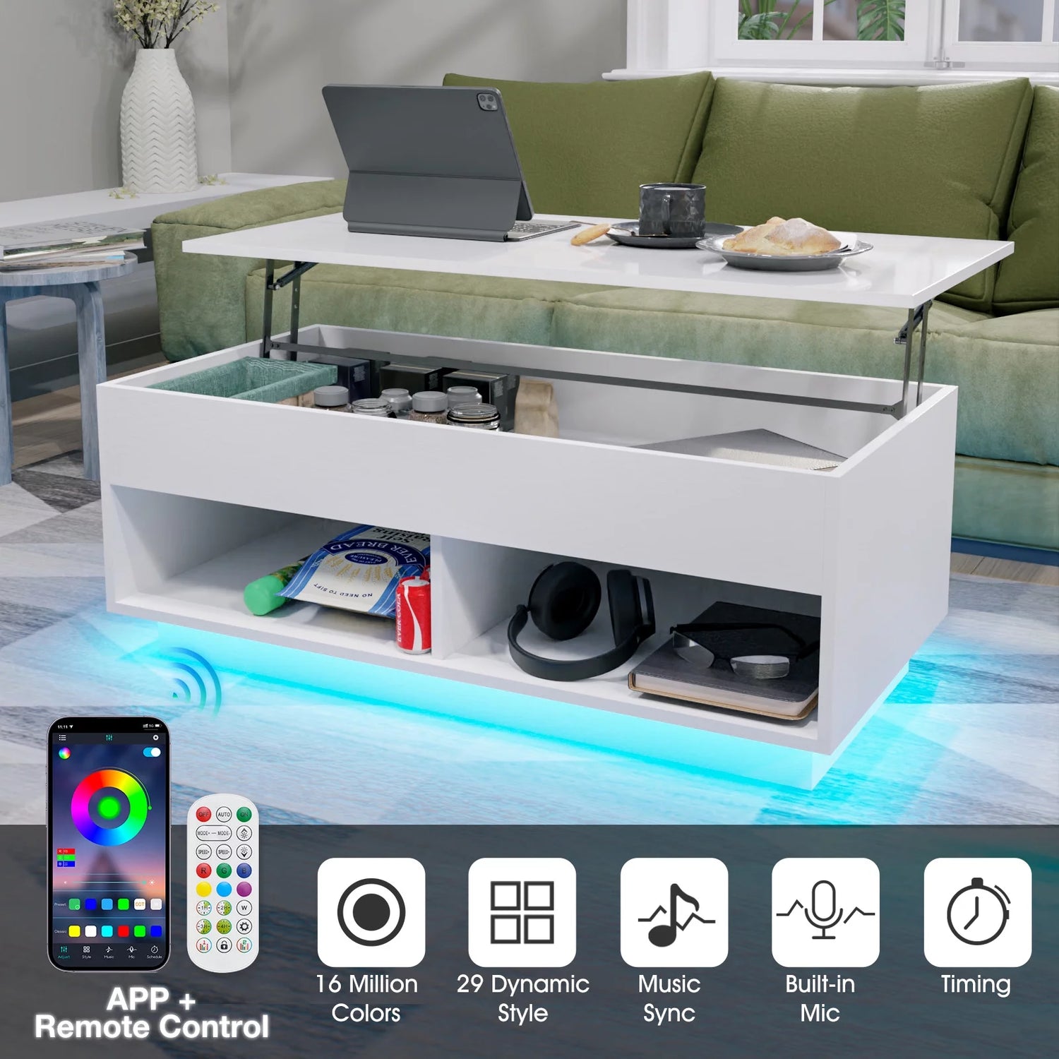 Light Up the Room — LED Lift Top Coffee Table with Hidden Storage in High Gloss White