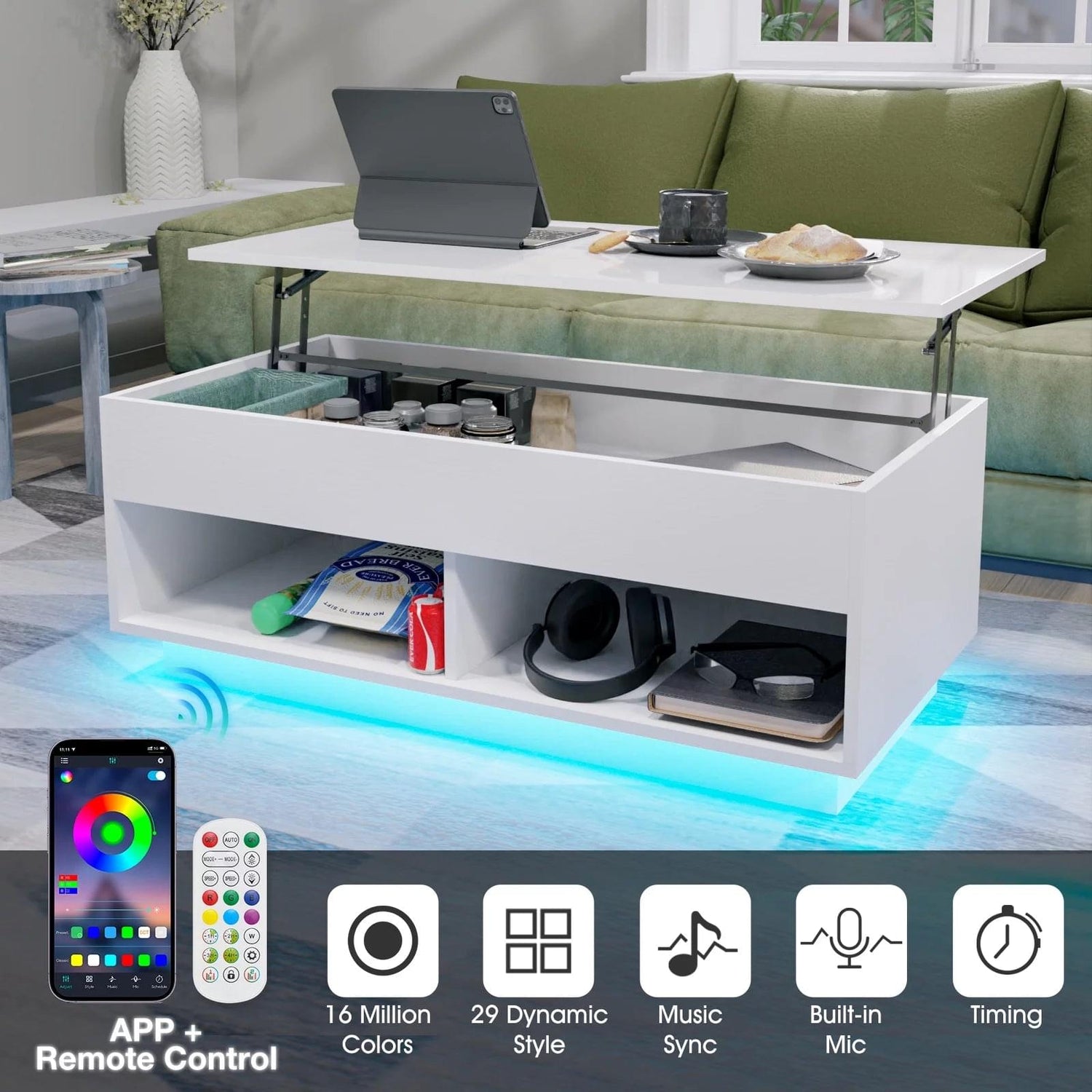 Light Up the Room — LED Lift Top Coffee Table with Hidden Storage in High Gloss White