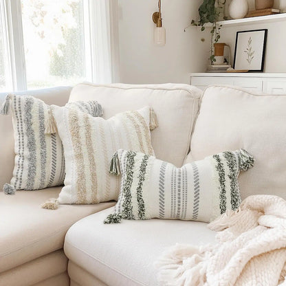 Boho Lumbar Decorative Throw Pillow Covers for Bed Bedroom Neutral Accent Cushion Cover Grey Tufted Woven Pillow Case, 12X20, Green and White