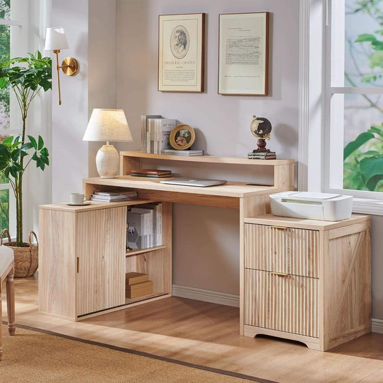 67-Inch L-Shaped Desk with Integrated Power Outlet & Monitor Stand Jonine&