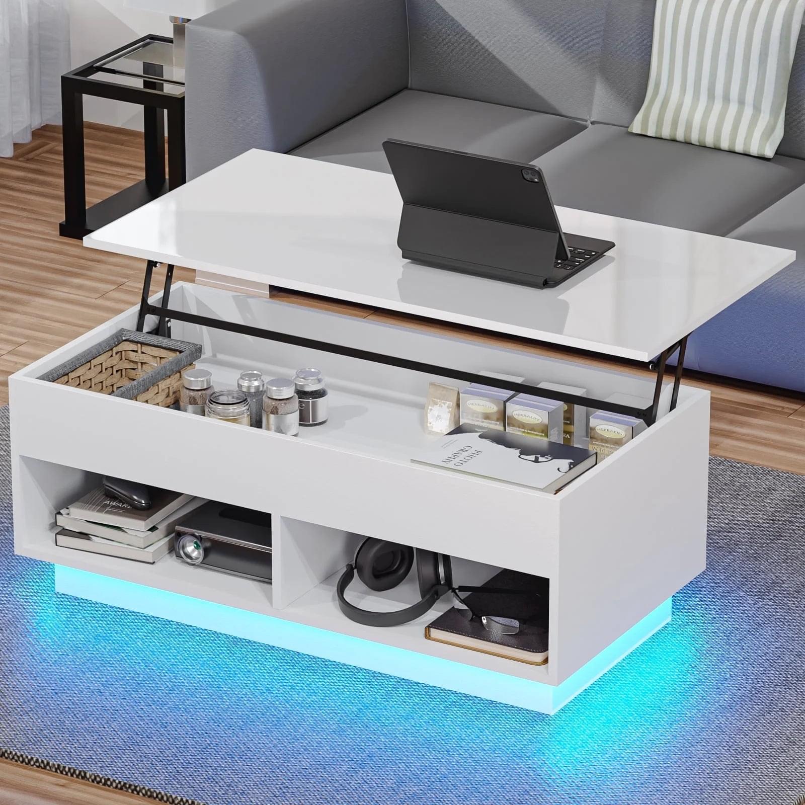 Light Up the Room — LED Lift Top Coffee Table with Hidden Storage in High Gloss White