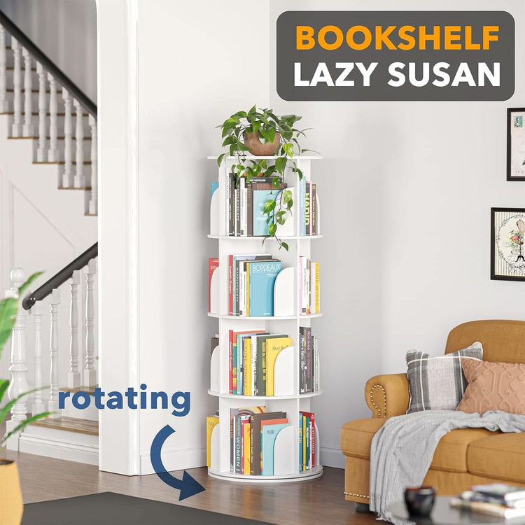 4-Tier Rotating Bookshelf Tower — White Spinning Bookcase, 50"H ShipItFurniture