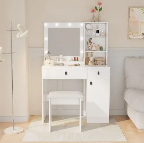 Vanity Desk with Lighted Mirror & Drawers — Adjustable Brightness Bedroom Vanity