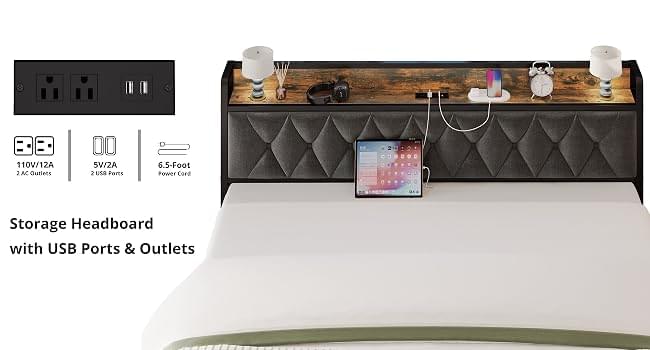 ANCTOR Twin/TwinXL/Full/Queen/King/CaliforniaKing Bed Frames, Storage Headboard with Outlets, No Noise, No Box Springs Needed Jonine&