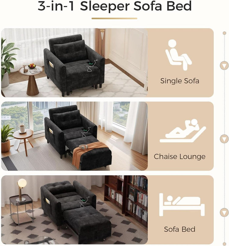 Black Upholstered Sleeper Chair Pull Out Bed For Small Rooms-2