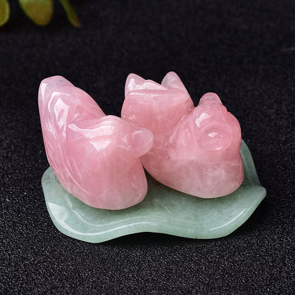 Rose Quartz Mandarin Duck Figurine with Lotus Leaf (1 Set)