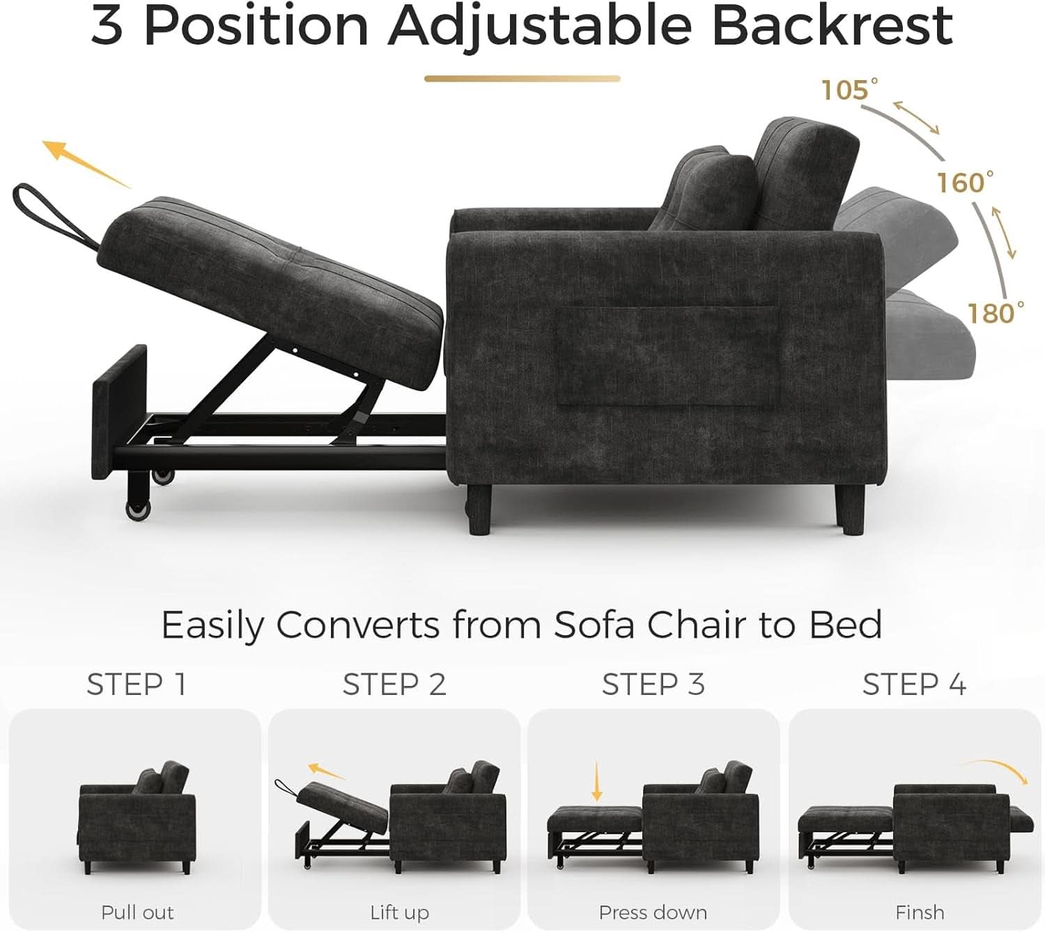 Black Upholstered Sleeper Chair Pull Out Bed For Small Rooms-3