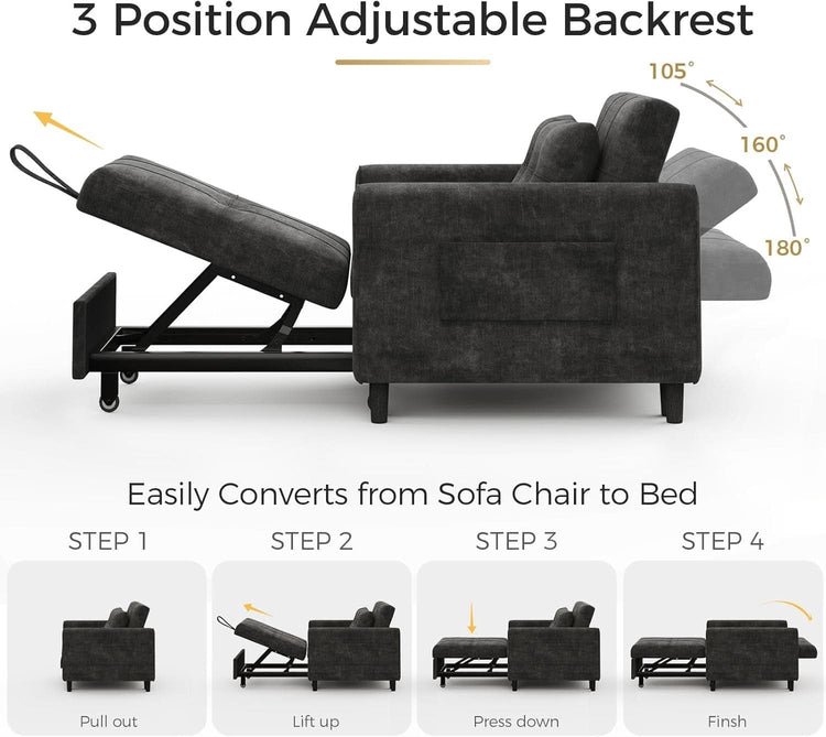 Black Upholstered Sleeper Chair Pull Out Bed For Small Rooms-3