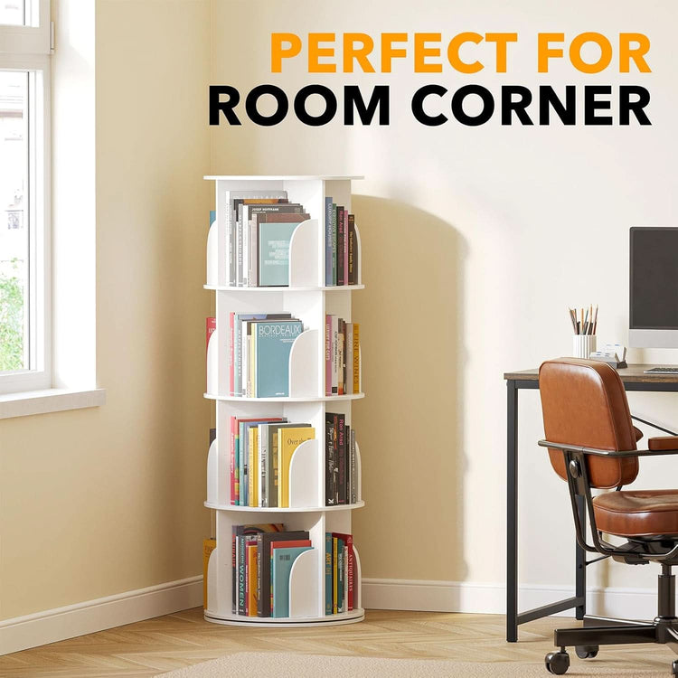 4-Tier Rotating Bookshelf Tower — White Spinning Bookcase, 50"H ShipItFurniture