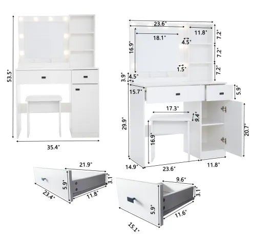 Vanity Desk with Lighted Mirror & Drawers — Adjustable Brightness Bedroom Vanity