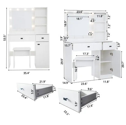Vanity Desk with Lighted Mirror & Drawers — Adjustable Brightness Bedroom Vanity