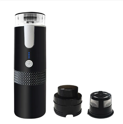 Black portable electric coffee maker with capsule adapters on a white background