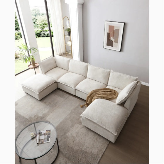 Modular Linen Sectional Sofa with Ottoman