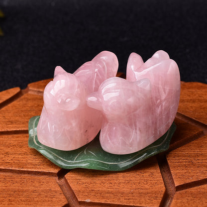 Rose Quartz Mandarin Duck Figurine with Lotus Leaf (1 Set)