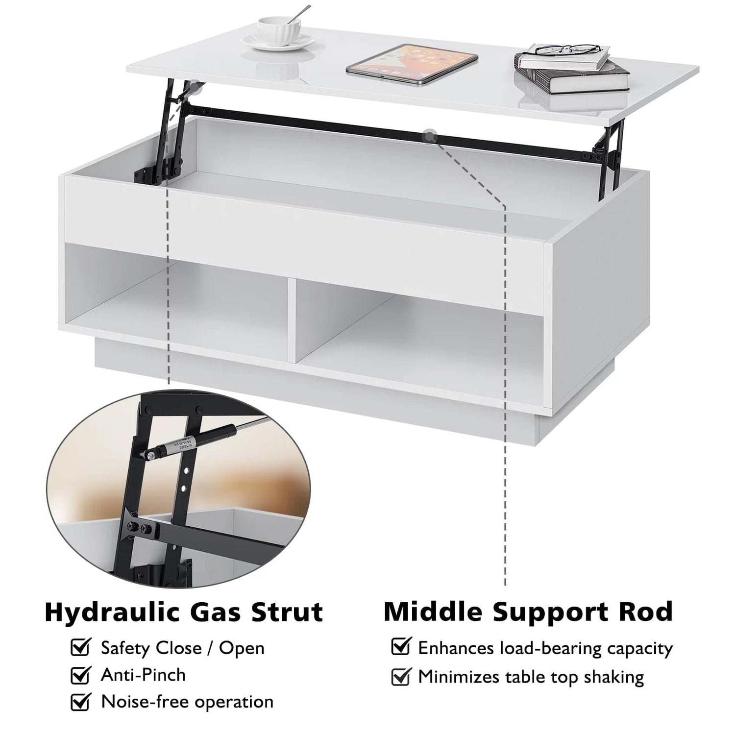 Light Up the Room — LED Lift Top Coffee Table with Hidden Storage in High Gloss White