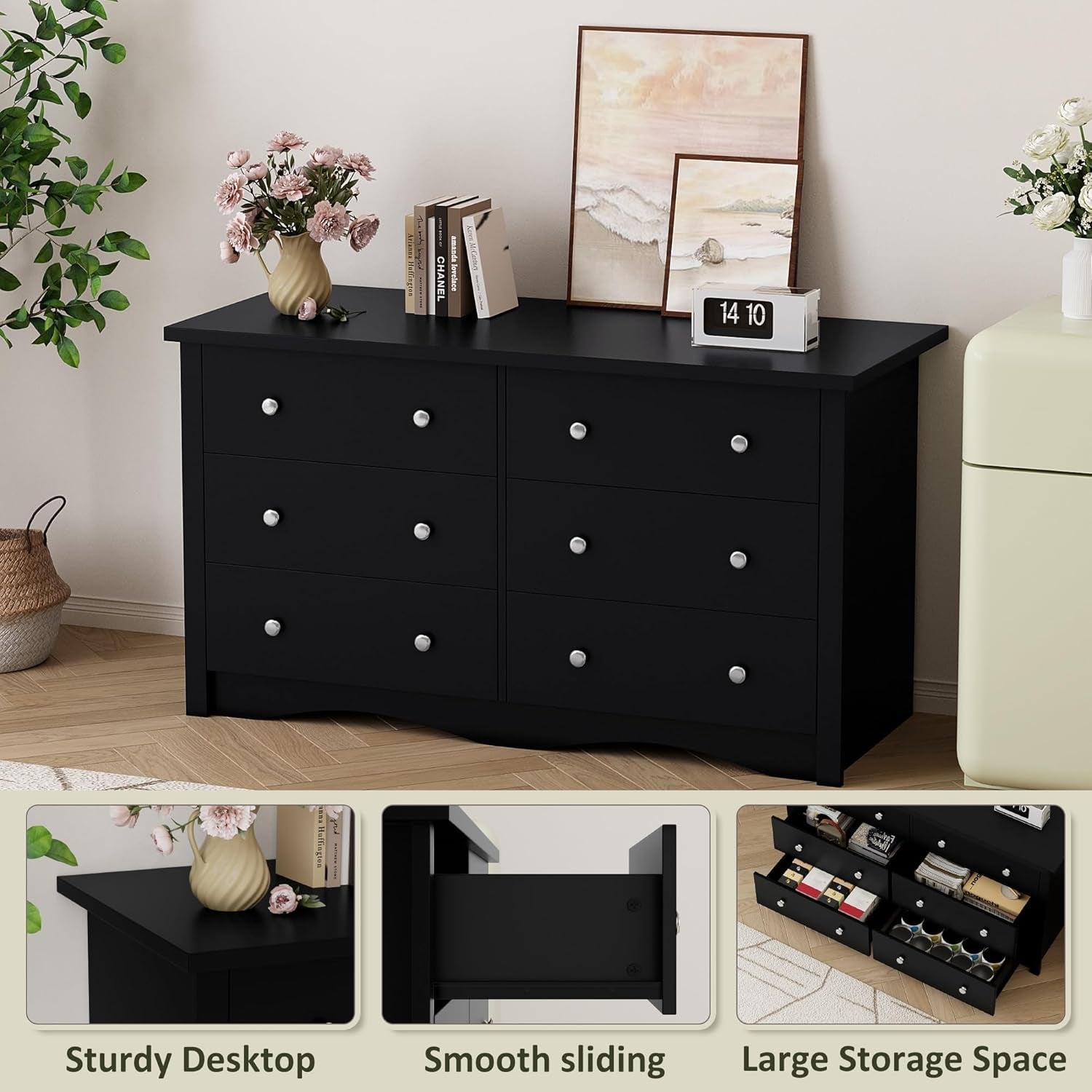 Black 6-Drawer Premium Dresser with Wide Display Top