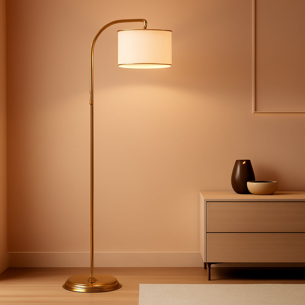 65-Inch Brushed Gold Floor Lamp with Tri-Color LED & Fabric Shade ShipItFurniture