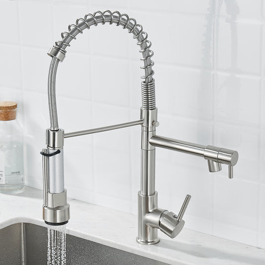 Brushed Nickel Dual-Function Kitchen Faucet — Pull-Down Spray & Stream