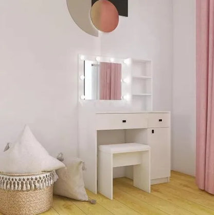 Vanity Desk with Lighted Mirror & Drawers — Adjustable Brightness Bedroom Vanity