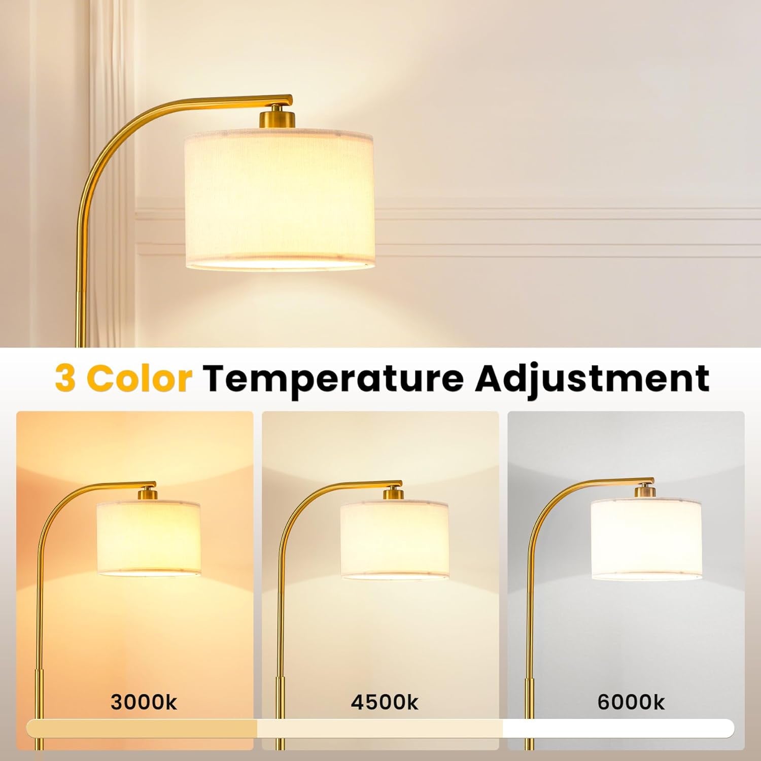 65-Inch Brushed Gold Floor Lamp with Tri-Color LED & Fabric Shade ShipItFurniture