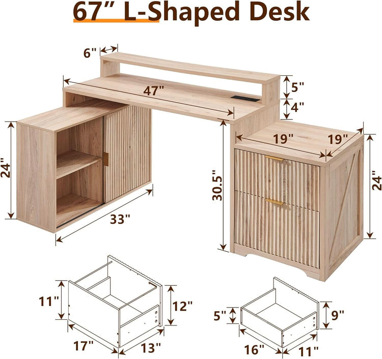 67-Inch L-Shaped Desk with Integrated Power Outlet & Monitor Stand Jonine&