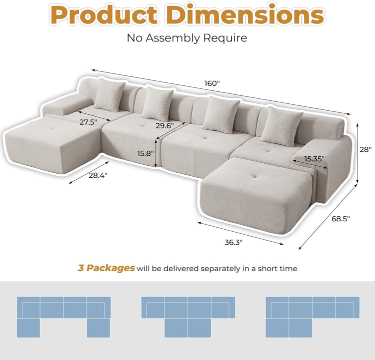 160-Inch U-Shaped Modular Sectional Sofa Camel Ottoman-1