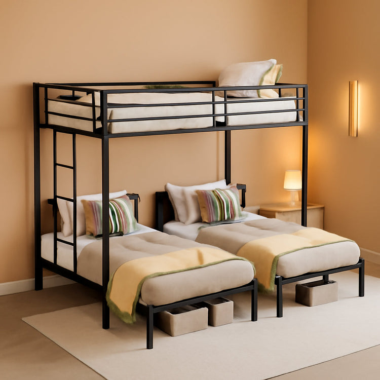 Obsidian Black Triple Bunk Bed with Built-In Charging Station — 3 Twin Beds Jonine&
