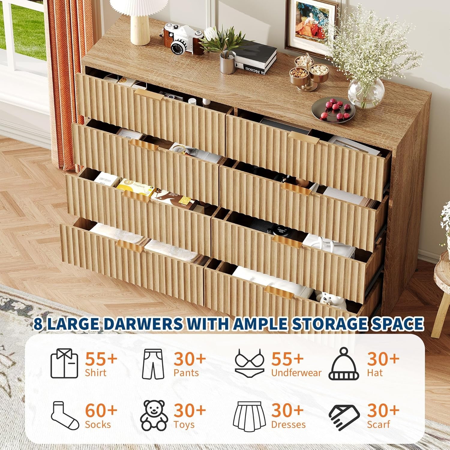 8-Drawer Grooved Dresser — Modern Bedroom Storage