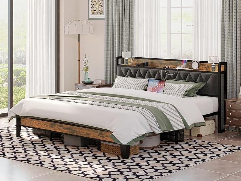 ANCTOR Twin/TwinXL/Full/Queen/King/CaliforniaKing Bed Frames, Storage Headboard with Outlets, No Noise, No Box Springs Needed Jonine&