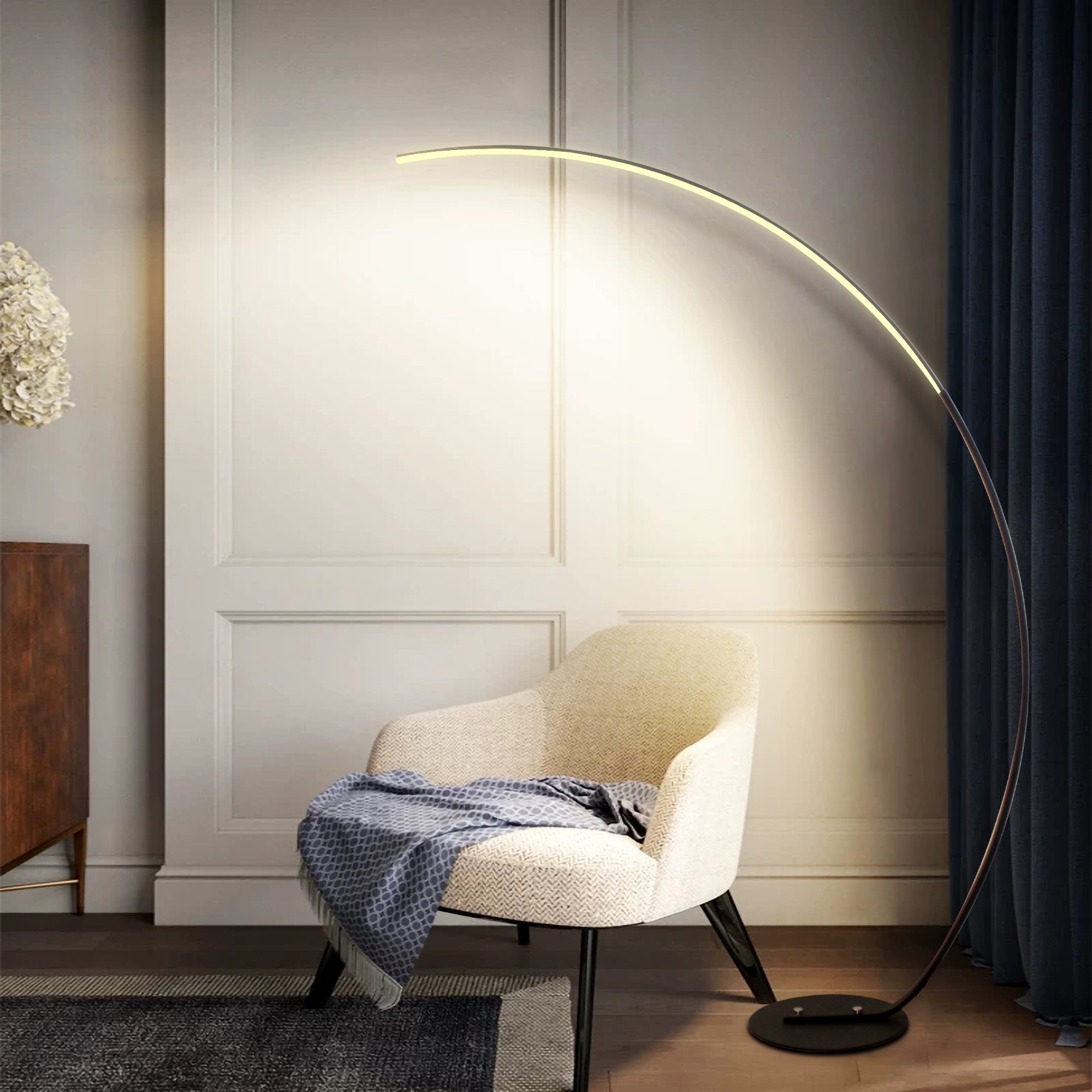 Modern LED curve floor lamp detail - RGBW color changing light