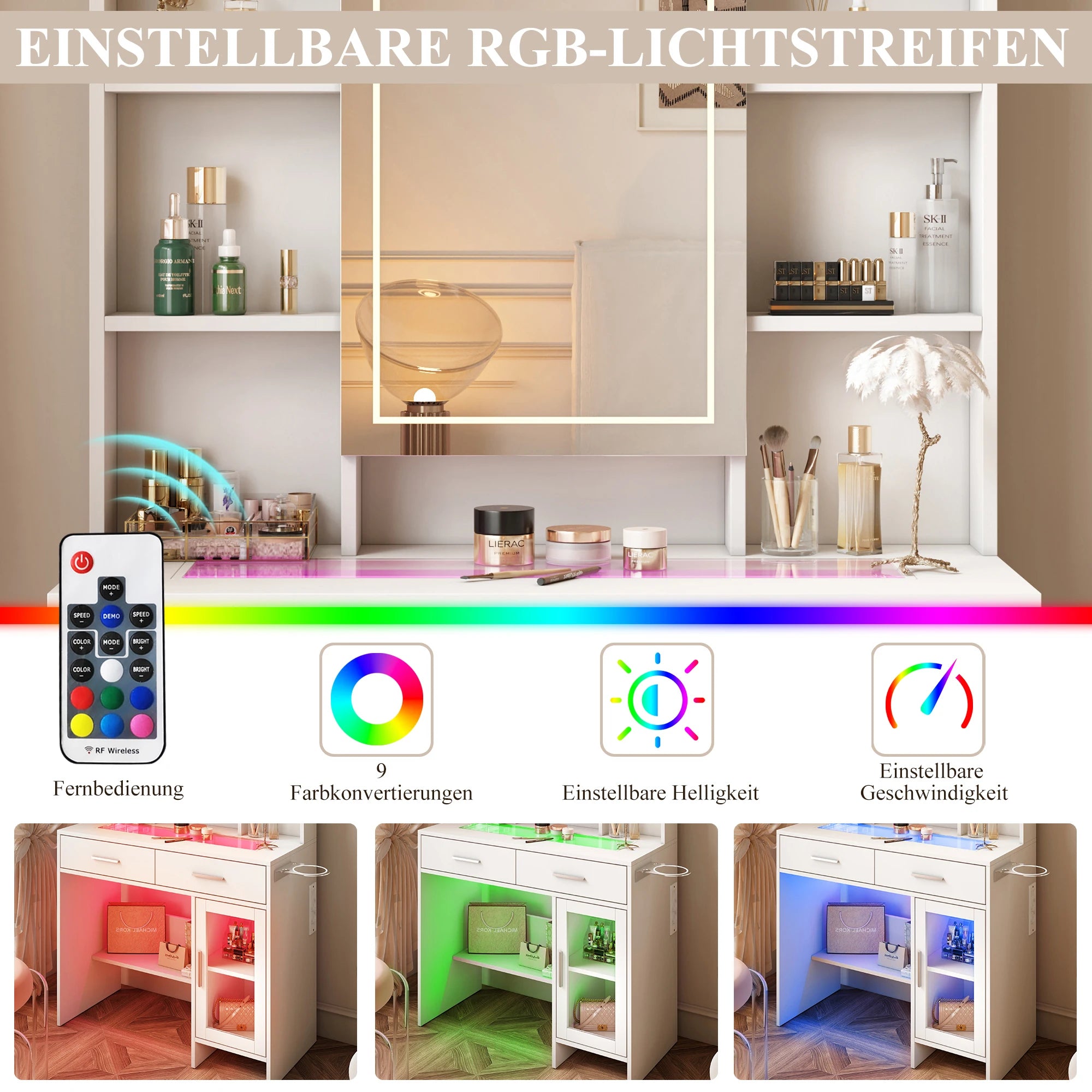 Urban Luxe dressing table, dressing table with light, dressing table with mirror, equipped with socket and hair dryer holder, White